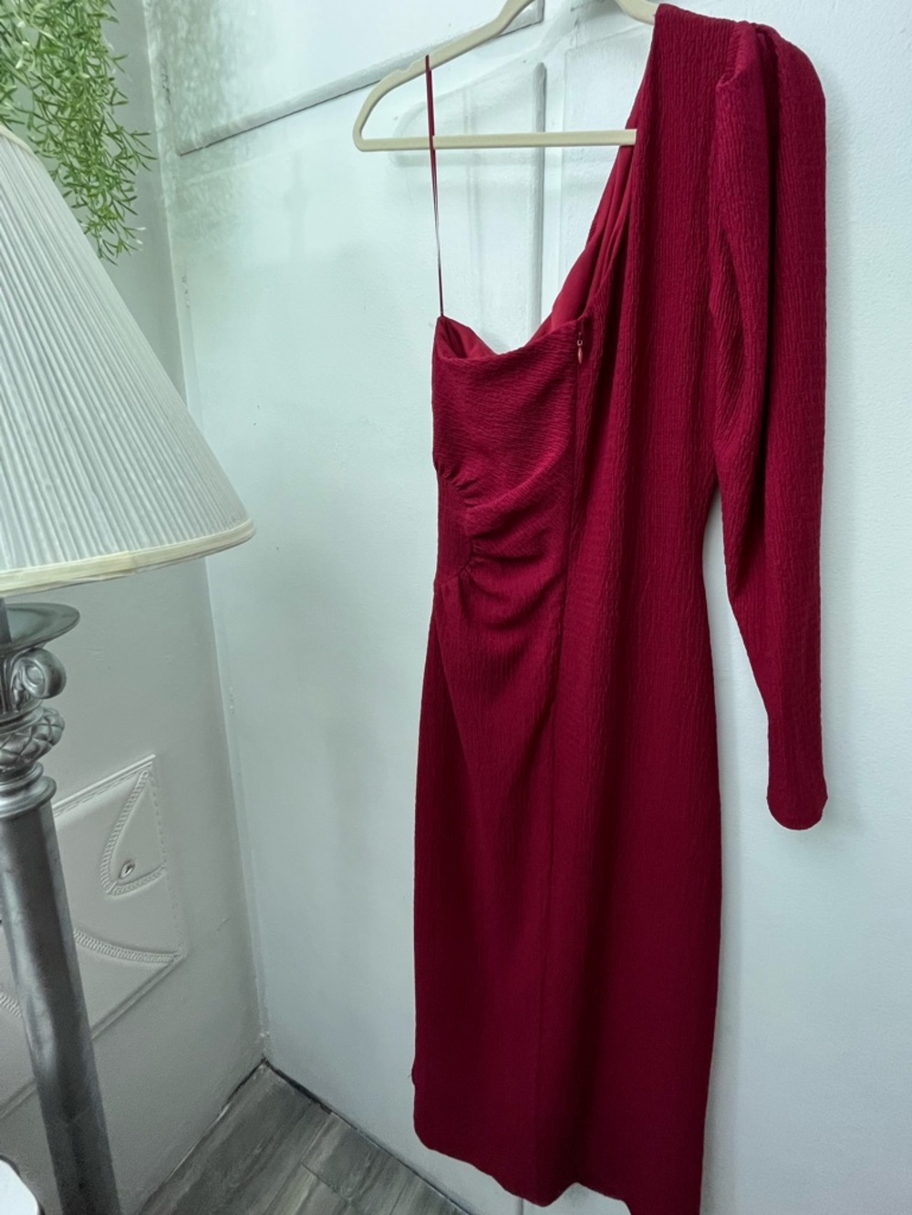 Asymmetric One-Shoulder Red wine Midi Dress - Picture 4 of 7
